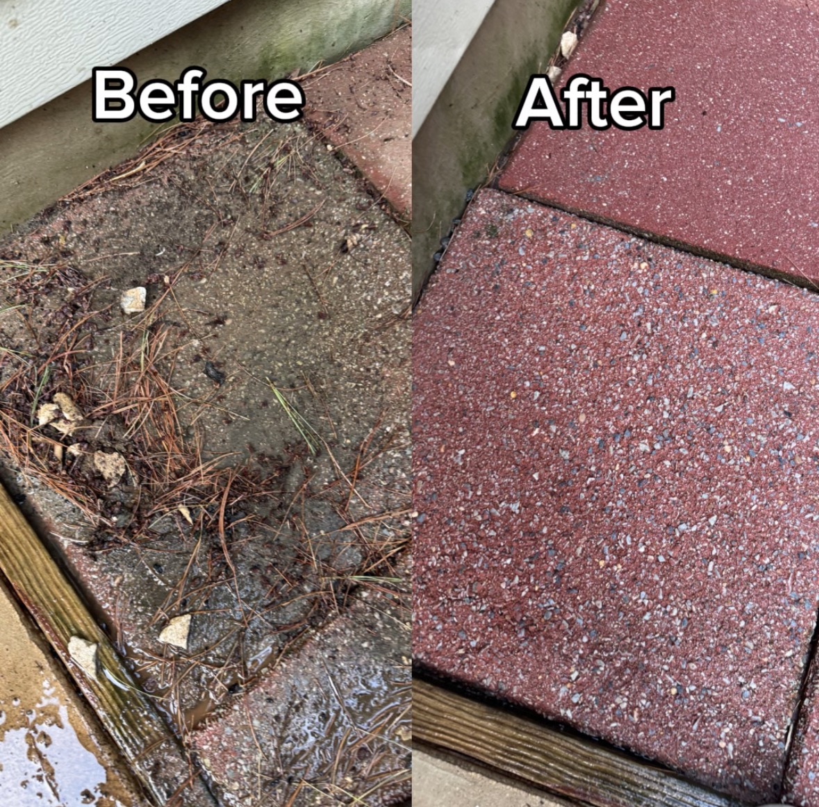 Before and after paver patio cleaning, debris and grime removed