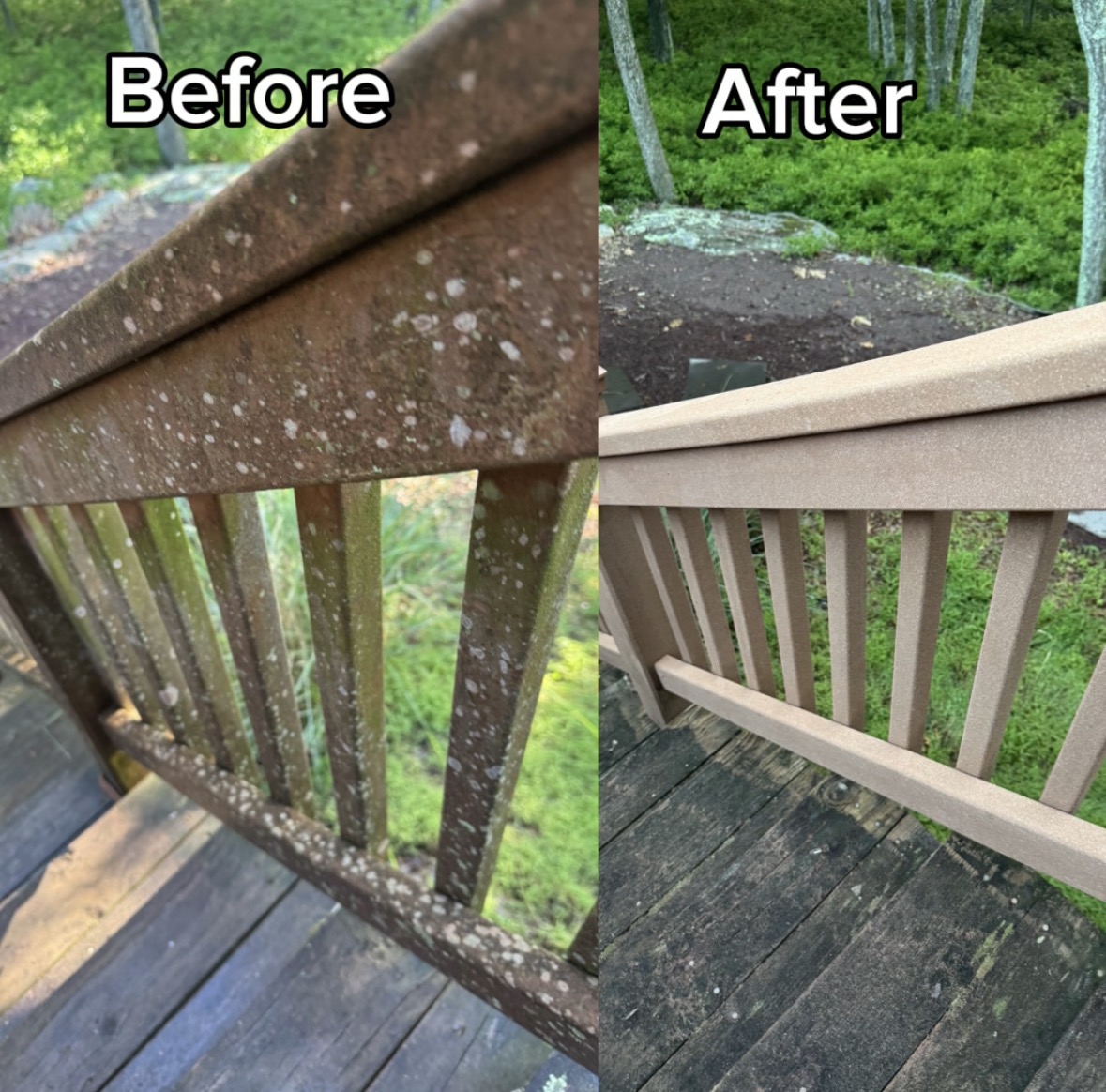 Before and after deck railing cleaning