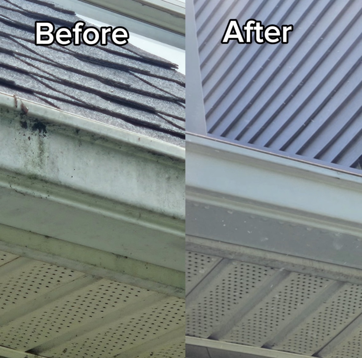 Before and after gutter brightening, black streaks removed