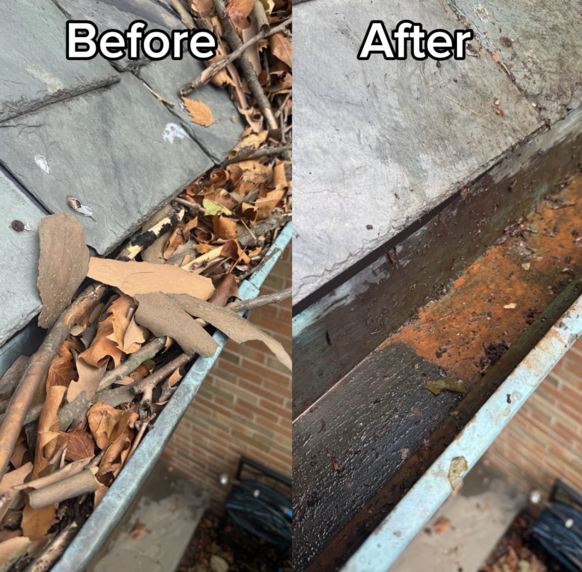Before and after gutter cleaning, leaves and debris removed