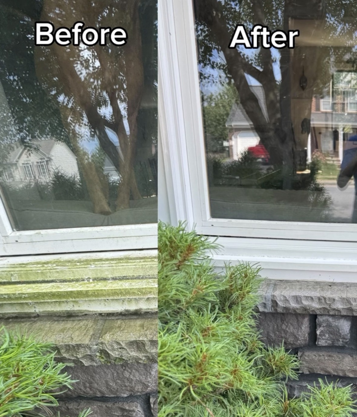 Before and after window and sill cleaning